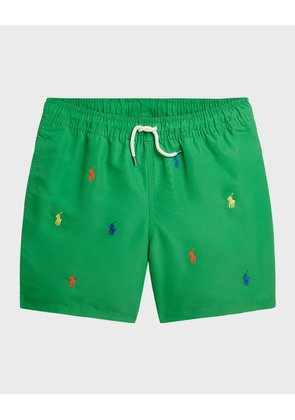 Boy's Embroidered Pony Traveler Swim Trunks, Size S-XL