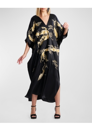 Lucky Dragon Embroidered Silk Charmeuse Caftan