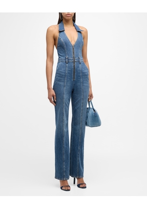 Noemi Backless Halter Denim Jumpsuit