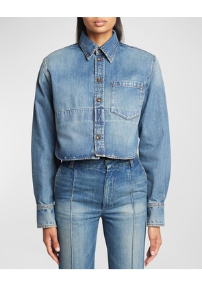 Strong-Shoulder Denim Crop Collared Shirt