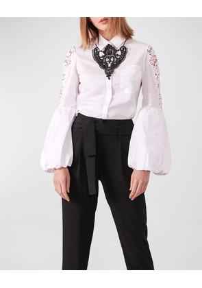 Laora Floral-Embroidered Bell-Sleeve Shirt