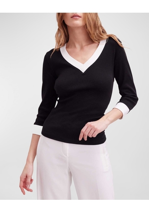 Sol Ribbed Two-Tone 3/4-Sleeve Sweater