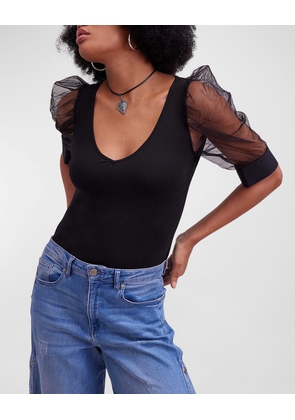 Aerial Sheer Puff-Sleeve V-Neck T-Shirt