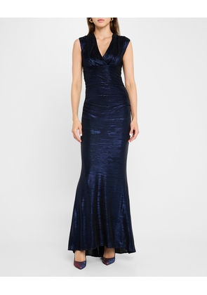 Pleated Metallic Satin Sleeveless Gown