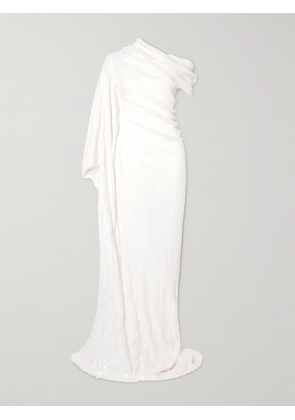 Marmar Halim - Asymmetric Cape-effect Draped Sequined Silk-blend Gown - Off-white - IT36,IT38,IT40,IT42,IT44,IT46,IT48