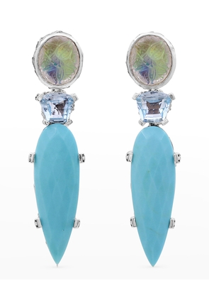 Quartz Abalone, Blue Topaz and Turquoise Earrings