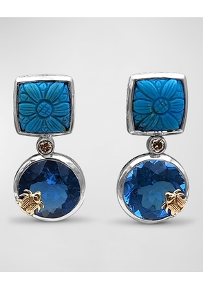 Hand Carved Turquoise, Blue Topaz and Champagne Diamond Earrings