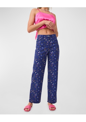 Midnight Butterflies Mid-Rise Straight-Leg Twill Pants