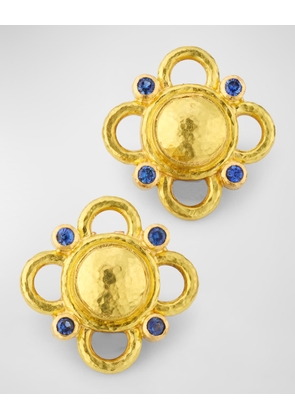 19K Round Gold Dome and Blue Sapphire Earrings