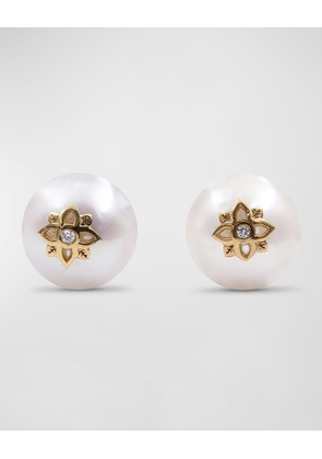 White Pearl and White Diamond Stud Earrings in 18K Gold