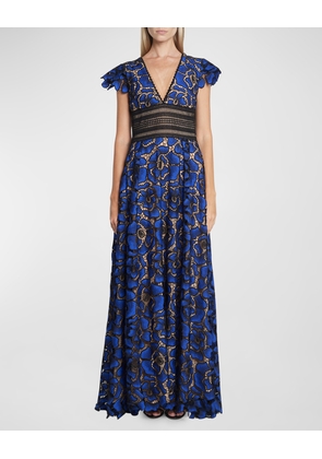 V-Neck Cap-Sleeve Cornflower Embroidered Lace Gown