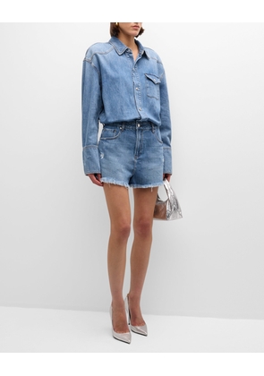 Annie Long-Sleeve Frayed Denim Romper