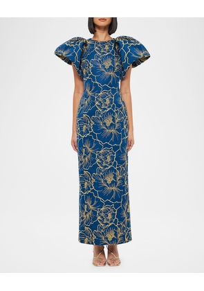 Lucinda Puff-Sleeve Floral Jacquard Column Gown