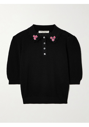 Alessandra Rich - Embroidered Pointelle-knit Wool Polo Sweater - Black - IT36,IT38,IT40,IT42