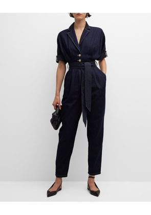 Pleated Belted Denim Jumpsuit