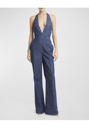 Tuta V-Logo Chambray Denim Wide-Leg Halter Jumpsuit