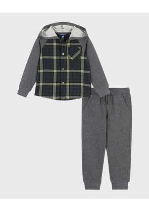 Boy's Flannel-Print Hoodie W/ Sweat Pants, Size 2T-8