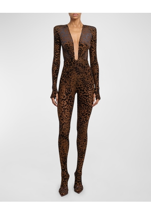 Ruched Plunging Long-Sleeve Leopard Burnout Catsuit