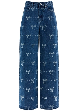 wide leg jeans with bow print design - 27 Blue