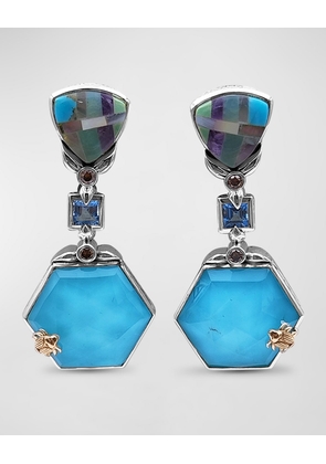 Opal Mosaic, Blue Topaz, Natural Turquoise Crystal and Champagne Diamond Earrings