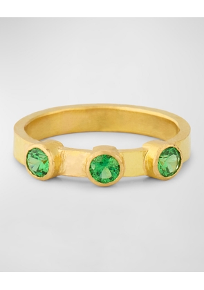 19K Yellow Gold 3 Green Tsavorite Flat Ribbon Stack Ring, Size 6.5