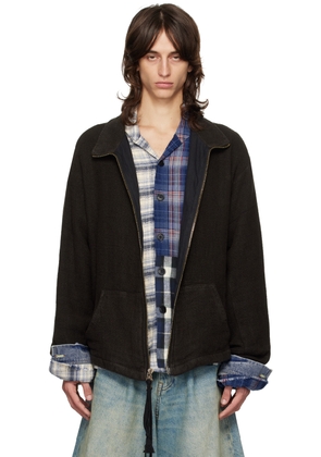 Greg Lauren Black Burlap Linen Zip Neck Jacket