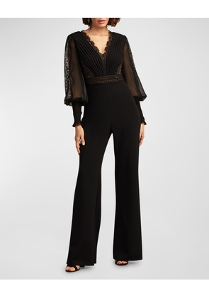 Pleated Lace-Inset Crepe Jumpsuit