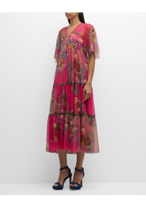 Mazzy Tiered Floral-Print Mesh Midi Dress