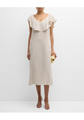 Angel Flutter-Sleeve Ruffle Linen Midi Dress