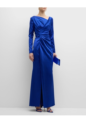 Asymmetric Draped Long-Sleeve Stretch Satin Duchesse Gown