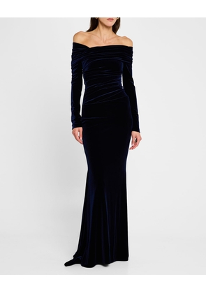 Off-the-Shoulder Stretch Velvet Long-Sleeve Gown