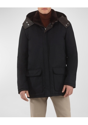 Men's Loro Piana Wool-Cashmere Parka with Lamb Shearling Collar and Detachable Hood