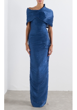 Marmar Halim - Roseya Off-Shoulder Pleated Cape Gown - Blue - FR 44 - Moda Operandi