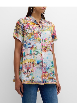 Maddi City-Print High-Low Silk Tunic