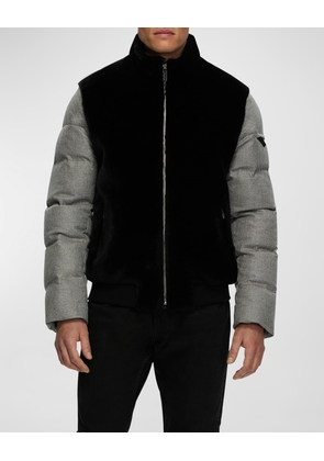 Men's Mixed-Media Lamb Shearling Quilted Bomber Jacket