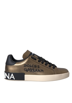 Gold Black Portofino Calf Leather Sneakers Shoes - EU42/US9