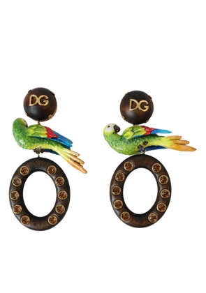 Multicolor Parrot Wood Brass Crystal Embellished Earrings