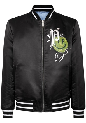 Philipp Plein logo-print satin-finish reversible bomber jacket - Blue