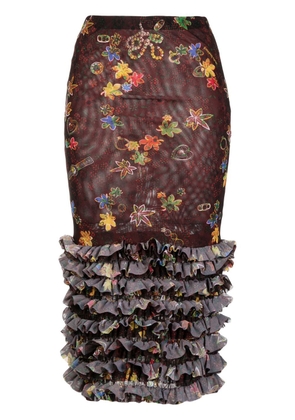 Molly Goddard floral-print mesh skirt - Brown