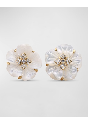 White Mother of Pearl and White Diamond Stud Earrings in 18K Gold