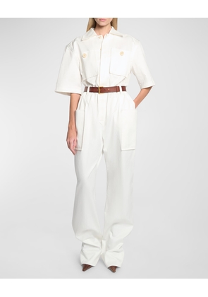 Short-Sleeve Belted Straight-Leg Jumpsuit