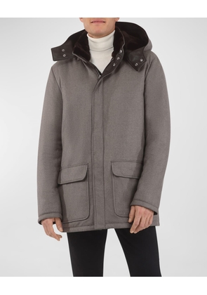 Men's Loro Piana Wool-Cashmere Parka with Lamb Shearling Collar and Detachable Hood