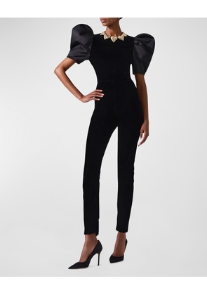 Puff-Sleeve Skinny-Leg Velvet Jumpsuit