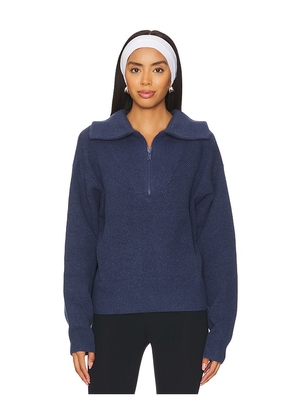 LUNYA Cozy Cotton Silk Collared Half Zip in Navy. Size M, S, XL, XS.