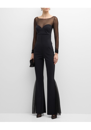 Boat-Neck Illusion Flare-Leg Jumpsuit