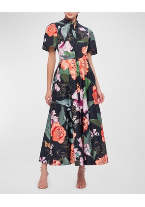 Bianca Short-Sleeve Belted Floral Cotton Midi Shirt Dress