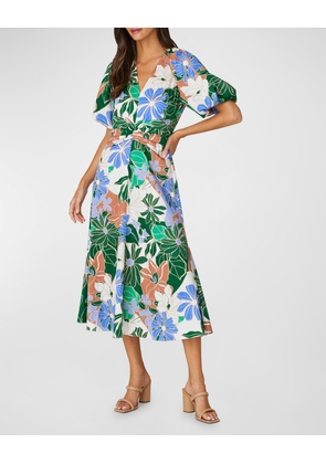 Jacqueline Puff-Sleeve Stretch Cotton Midi Dress