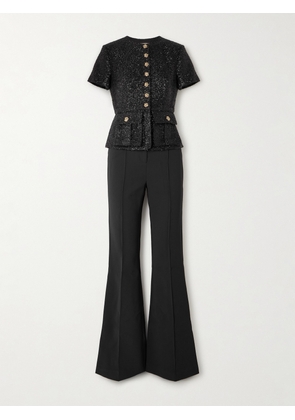 Self-Portrait - Button-embellished Metallic Bouclé And Crepe Peplum Jumpsuit - Black - UK 4,UK 6,UK 8,UK 10,UK 12,UK 14,UK 16