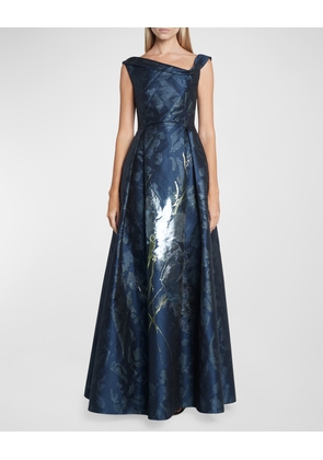 Metallic Bouquet Jacquard Sleeveless Pleated Gown