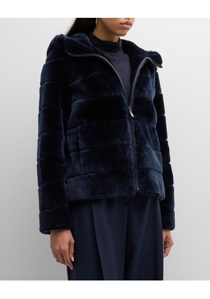 Horizontal Lamb Shearling Hooded Zip Jacket